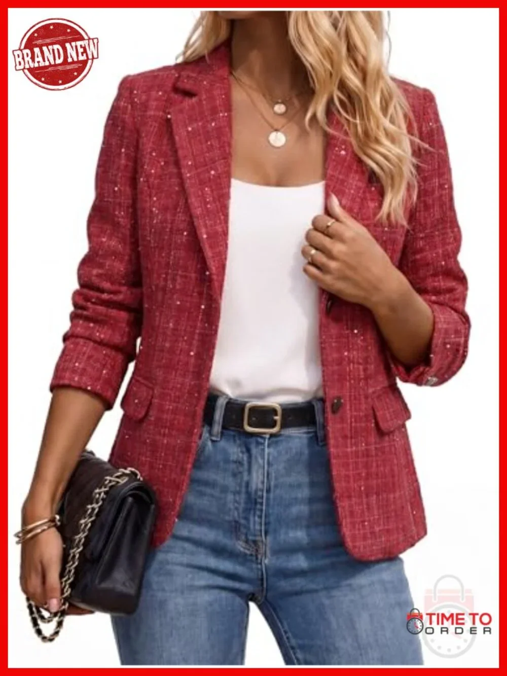 Womens Tweed Blazer Jacket Plaid Sequin Long Sleeve Casual Business Work Blazers